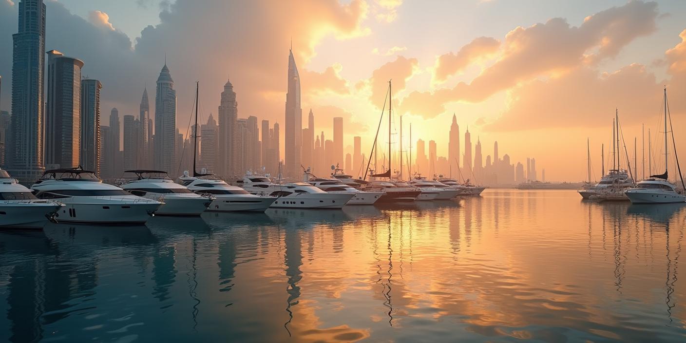 Luxury yachts in Dubai marina with skyline at golden hour