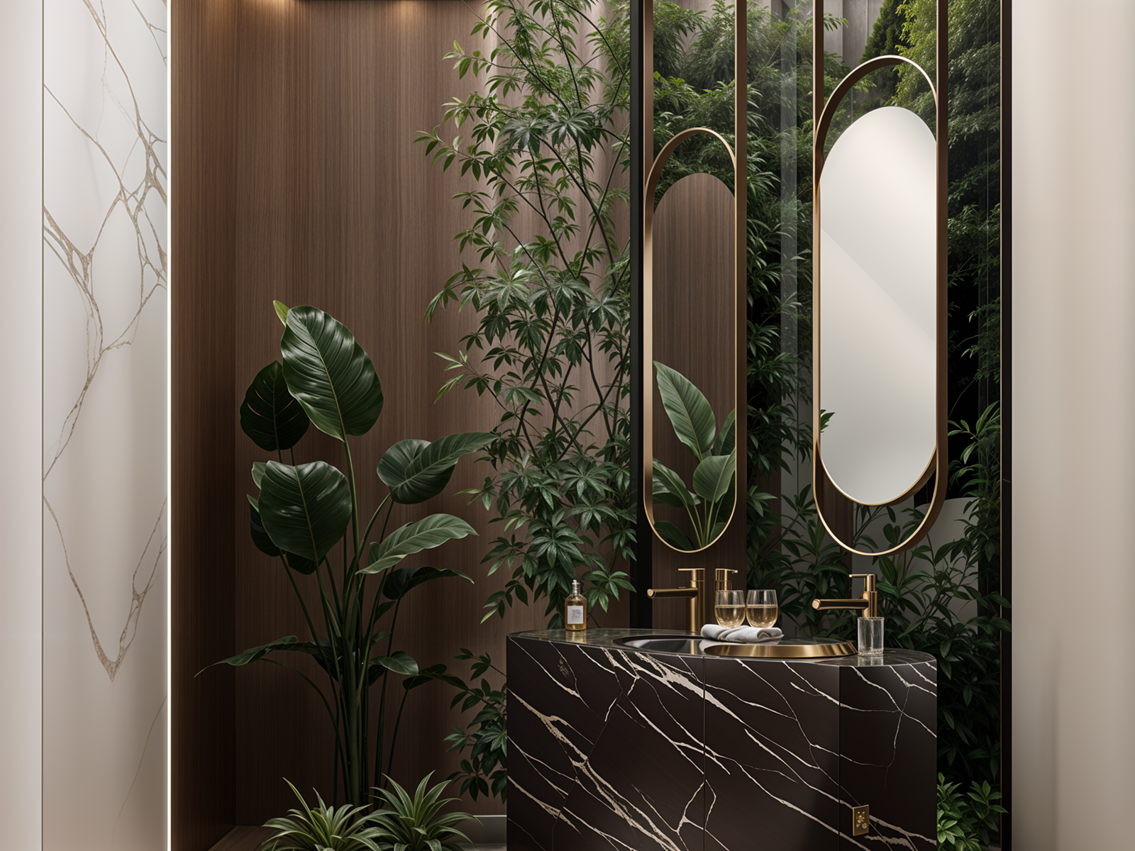 Designer bathroom with marble and gold