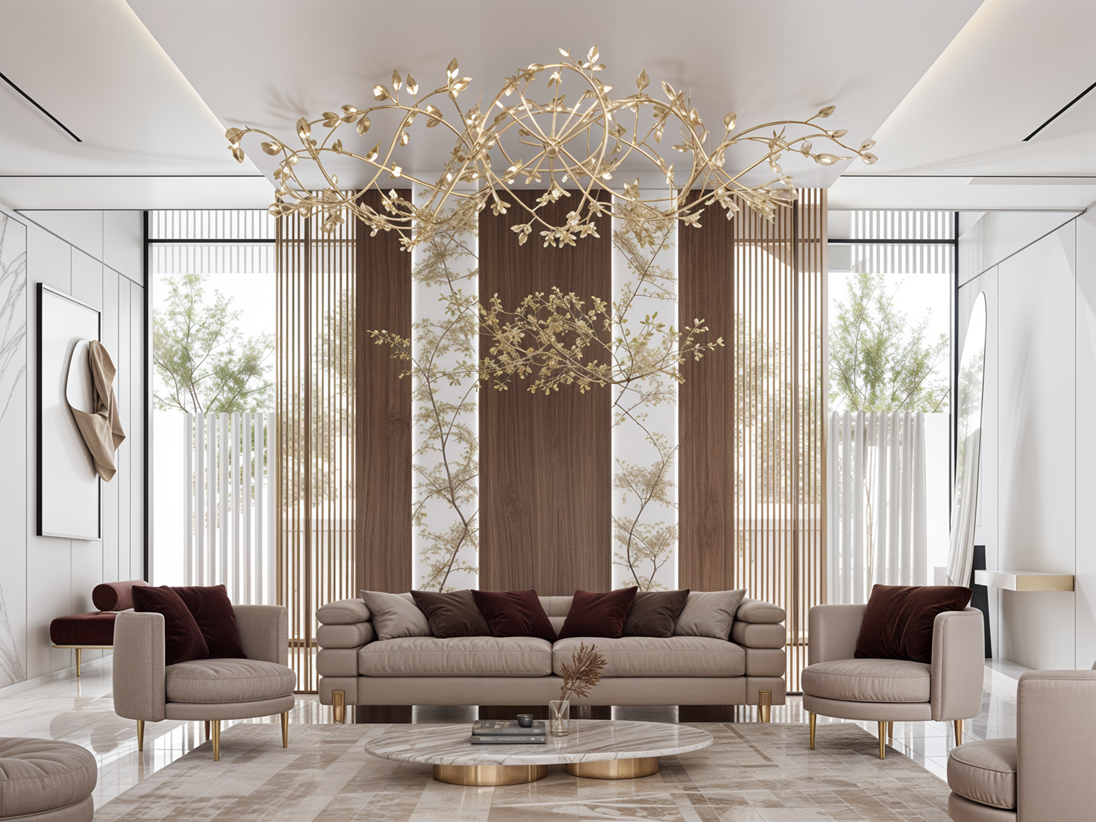 Double-height living room with gold chandelier